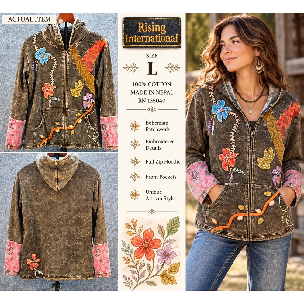 Rising International Patchwork Hoodie Womens L Black Zip Up Boho Good Artisan